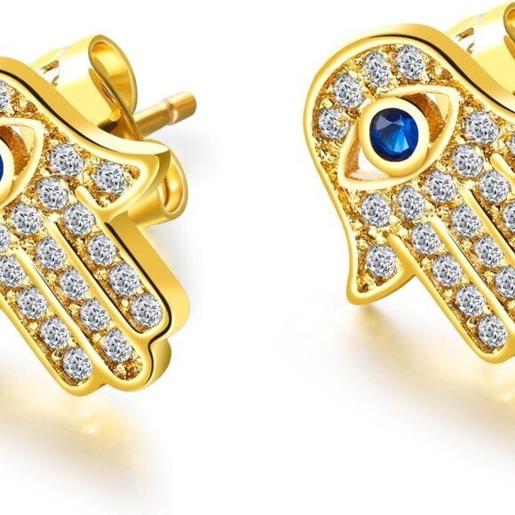 Jewelry - Yellow Gold/White Gold Plated Evil Eye and Hamsa Hand of Fatima White Blue Cubic